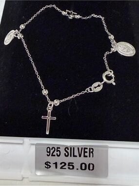 Sterling 925 Silver Cross and Medal Charm Bracelet - Silver